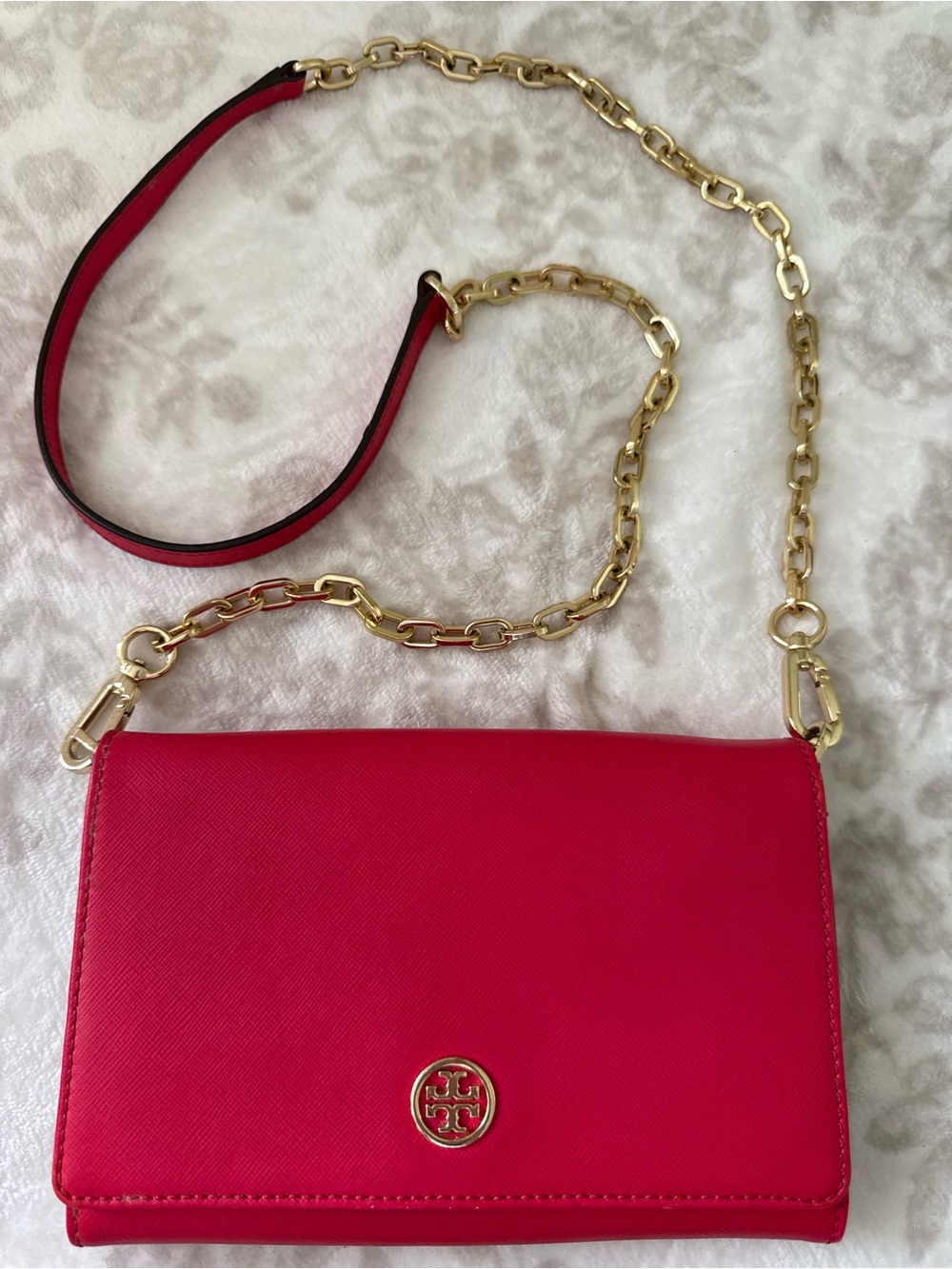 Tory Burch Saffiano Leather Crossbody Bag with Gold Chain